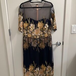 NWT Marchesa Notte Mesh Sheath Dress – Navy/Gold Floral, Size 12